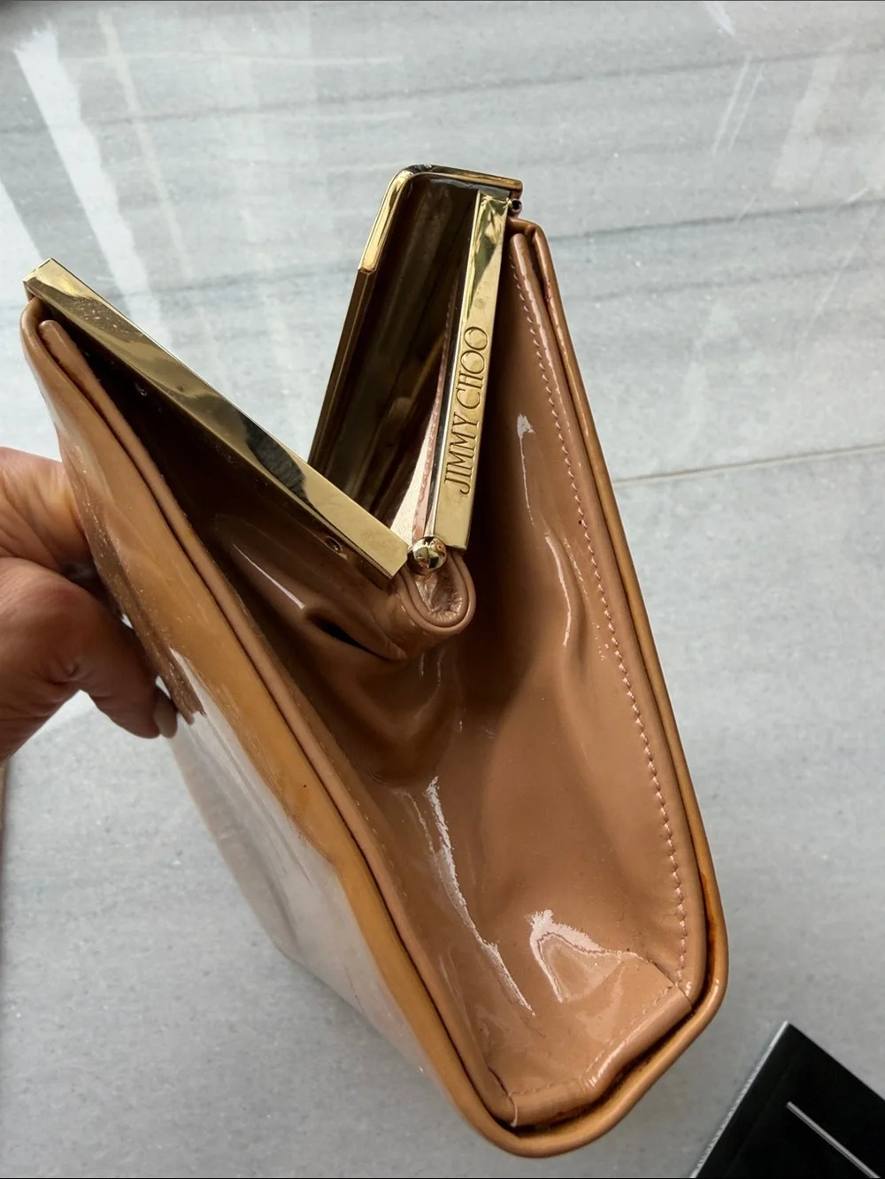 Jimmy Choo Tan Patent Leather Clutch with Gold Trim